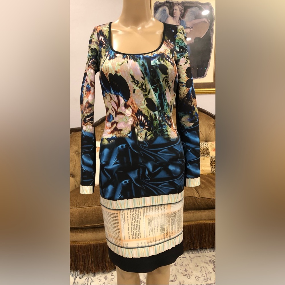 Clover Canyon Teal Floral Long Sleeve scuba Dress XS new